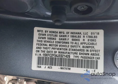 2018 Honda Civic Lx z USA, uszkodzony, nr VIN 19XFC2F54JE021426